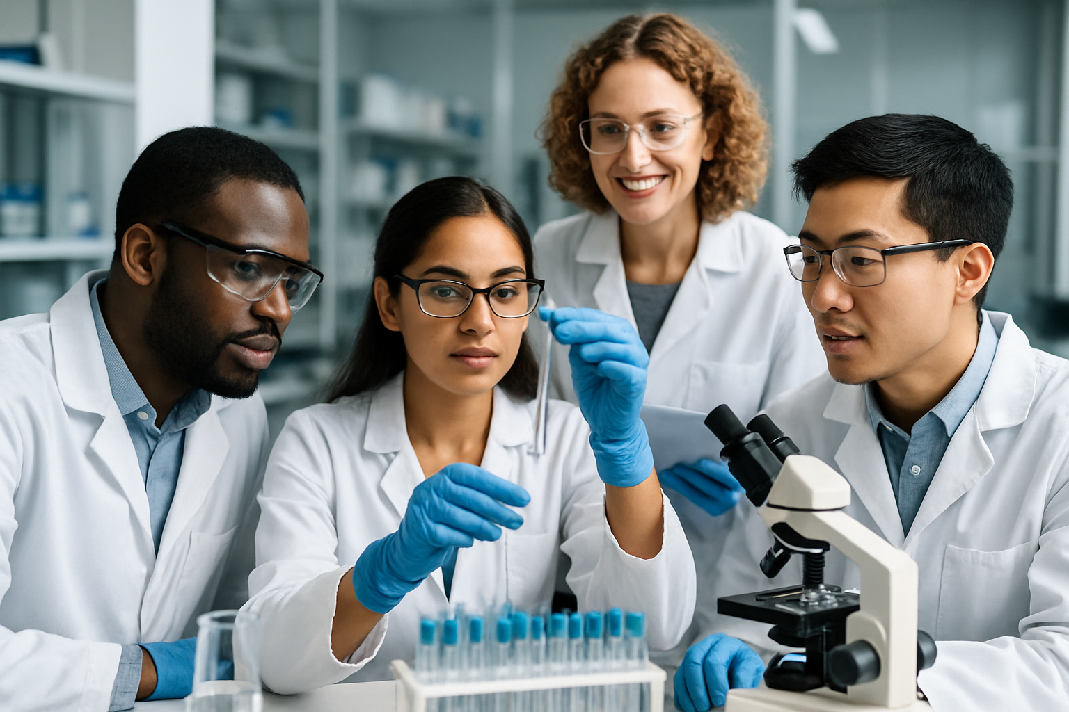 A diverse team of scientists collaborating in a lab